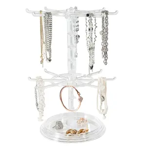 2 Layer 3 Tier Rotating Jewelry Display Stand, Necklace Holder, DIY Bracelet, Ring, Earring, Watch Rack, Transparent Color
