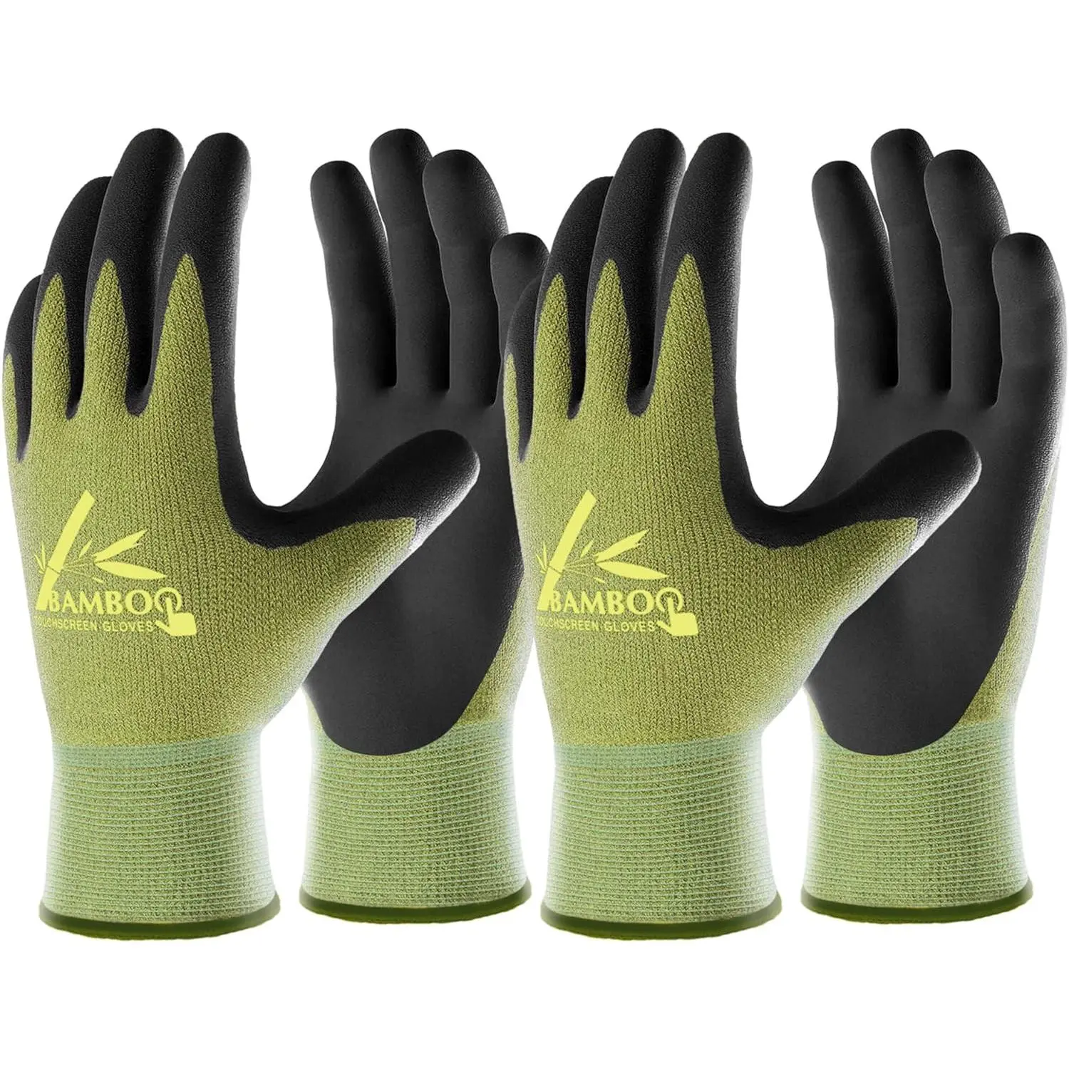2 Pairs Gardening Gloves for Women and Men, Bamboo Working Gloves Touchscreen, Grippy Nitrile Rubber Coated Work Gloves, Green/Black, Large Size (2 Pairs L)