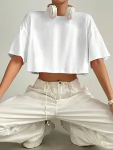 Women's Plain Crop Tee, Casual Half Sleeve Round Neck Fitted Basic Minimalist T-shirt for Spring & Fall, Women's Top for Daily Wear, Womenswear, Streetwear