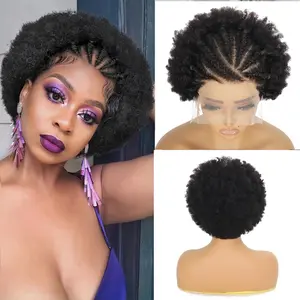 Afro Kinky Curly Braided Wigs for Black Women 13x4 Lace Front Braideds Wigs Afro Puff Lace Frontal Hair Wig Afro Kinky Curly Human Hair Brazilian Curly Lace Front Wig 6 Inch