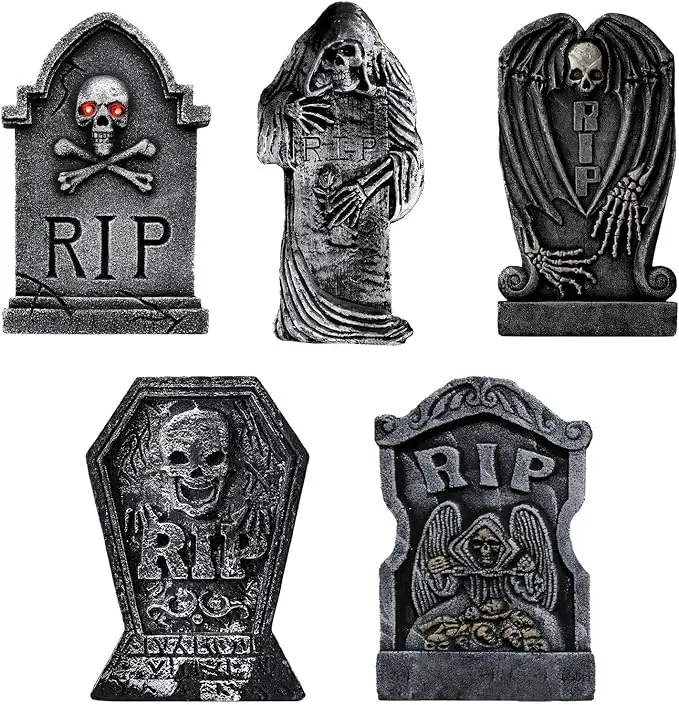 Halloween Outside Tombstone Decorations - 5PCS Halloween Party Decorations Outdoor Scary Skeleton Tombstones Halloween Decoration Vintage Rip Gravestones Graveyard Decors for Lawn Yard Party