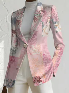 Women's Fall Outdoor Floral Geometric Print Suit Jacket, Casual Fitted Regular Length, Digital Print, Spring & Fall Fashion