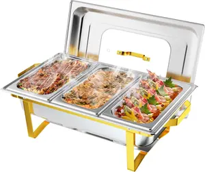 【Father's Day Gift】Gold Chafing Dishes for Buffet, 9QT Chafing Dish Buffet Set with Glass Lid, Stainless Steel Buffet Servers and Warmers with Folding Frame & 3 1/3 Size Pan for Parties Weddings Catering Events