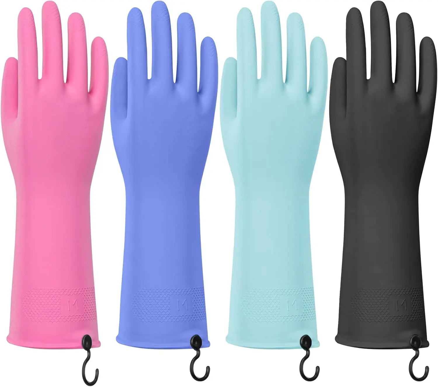 4 Pairs Rubber Dishwashing Gloves with Hanging Hooks (Medium, 4 Colors: Black, Pink, Blue, Purple)