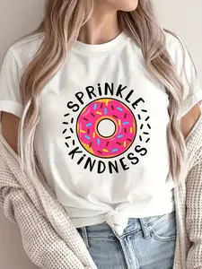 Unisex "Sprinkle Kindness" Donut Print T-Shirt - Red with Multicolor Sprinkles & Positive Message, 100% Stretchy Fit, Casual Crew Neck Short Sleeve, Machine Washable All-Season Casual Attire, Spring Summer Daily Outfits for Men & Women