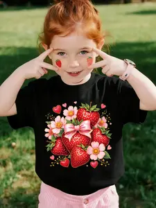 Girls' Spring Strawberry Short Sleeve Shirt, Exclusive Strawberry Bouquet & Butterfly Knot Print, Loose Breathable Fabric, Holiday Gift Choice
