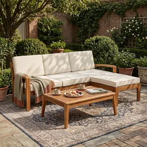 Dufominc 3-Piece L-Shaped Acacia Wood Patio Furniture Set, Porch Seating with Ottoman, Coffee Table & Water-Resistant Cushions, 77.5” W x 29.2” D x 26.2” H (Outdoor Furniture Sets), Patio Furniture Sets