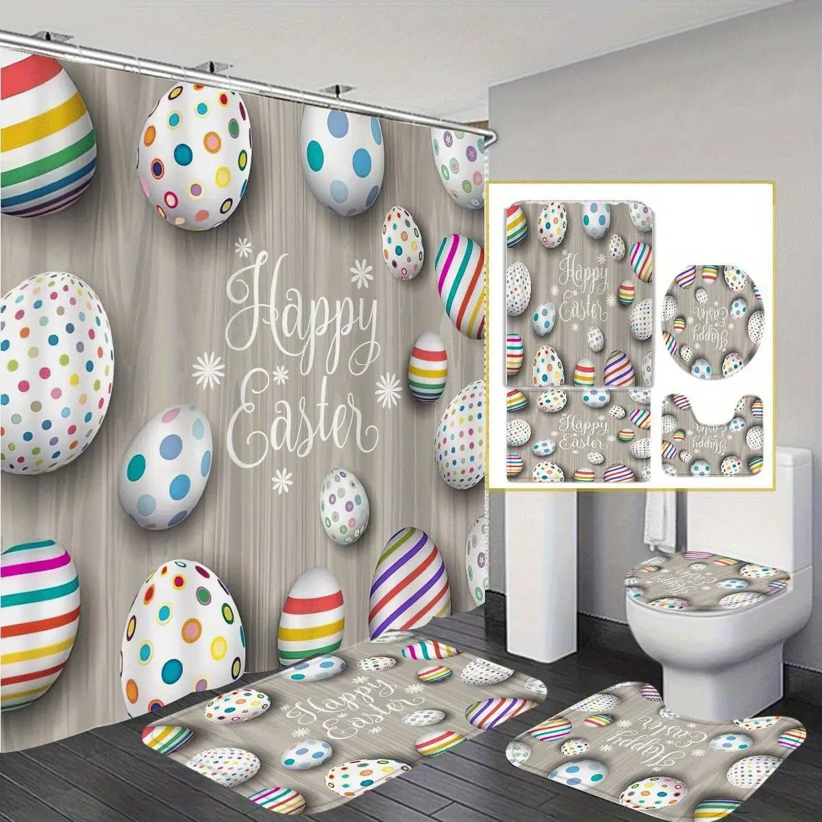 Easter Bathroom Decor Funny shower curtain set with rugs , Water-resistant Polyester Shower Curtain Rabbit Gnomes Easter Shower Curtain Set, Waterproof Fabric Shower Curtain, Non-Slip Bath Mat Bathroom Rugs, Bunny Colorful Eggs Spring