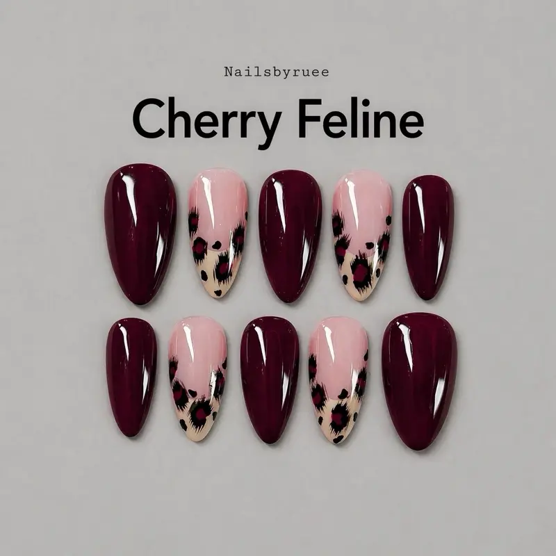 Nailsbyruee | Cherry Feline Press On Nails - Dark red nails with cheetah print design 10pcs