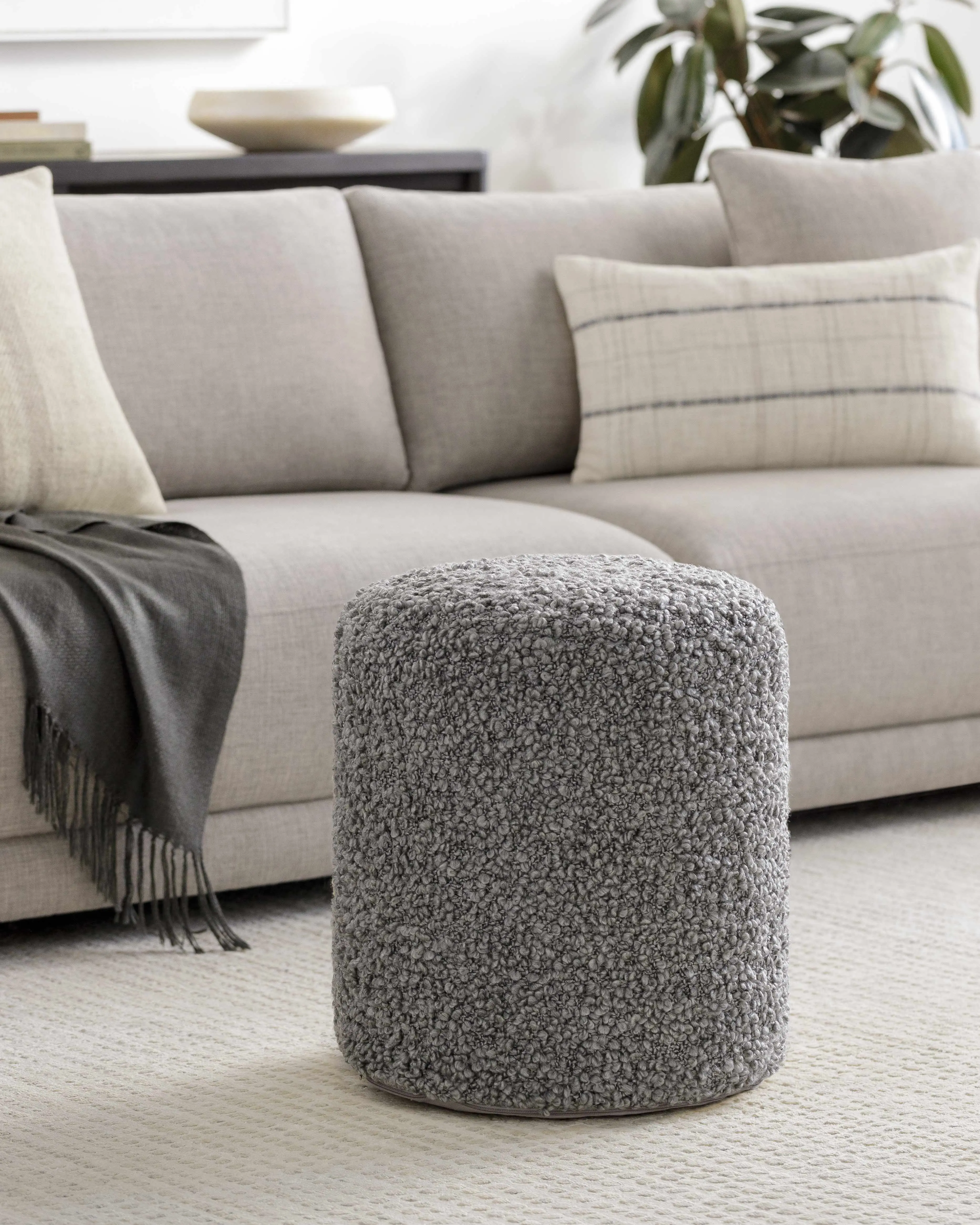 Kamarpukur Knitted Gray Ottoman Pouf, Soft Cushioned Indoor Furniture Stool, Soft Cushioned Stool