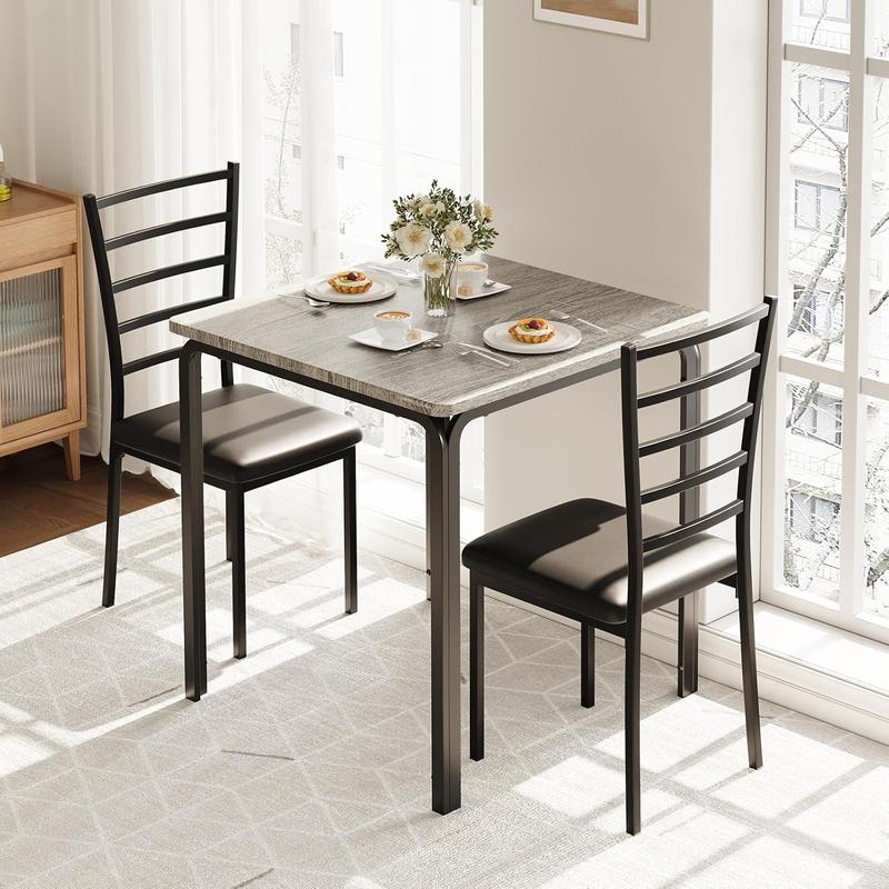 Ergonomic Sturdy Metal 3-Piece Small Space Indoor Dining Set - 550 lb Capacity MDF Top Square Table, 4 Upholstered Chairs with Upgraded Cushions, for Dinners, Afternoon Tea, Bar Use, Tucks Under, Assembly Required