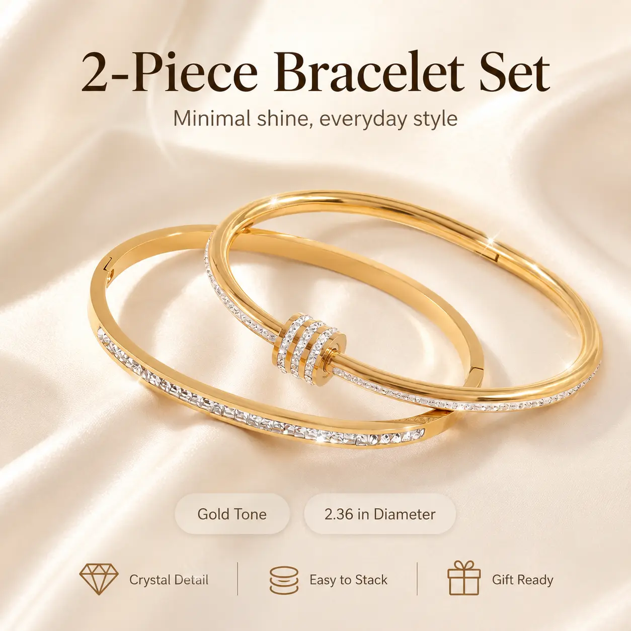 2-Piece Waterproof Titanium Steel Bracelet Set, Rhinestone Design, 18K Gold Plated, Versatile Bracelet, Unisex Elegant Jewelry, Stackable Bracelets, Fashion Bracelet