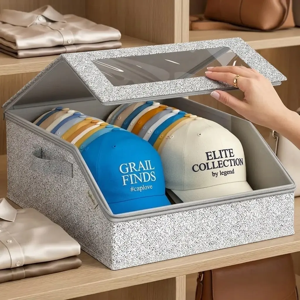 Hat Storage Organizer Box with Clear Window Display - Stackable Double Row Baseball Cap Storage Container, Space Saving Dust-Proof Hat Rack Holder for Closet Wardrobe Bedroom Home Organization Shelf Entryway - Perfect Mens Gift for Hat Collectors & Lovers