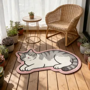 Cute and cute lying flat gray and white cat bedroom bedside special-shaped carpet healing gray and white cat shape living room decoration carpet warm atmosphere pink edge cat lounge plush carpet