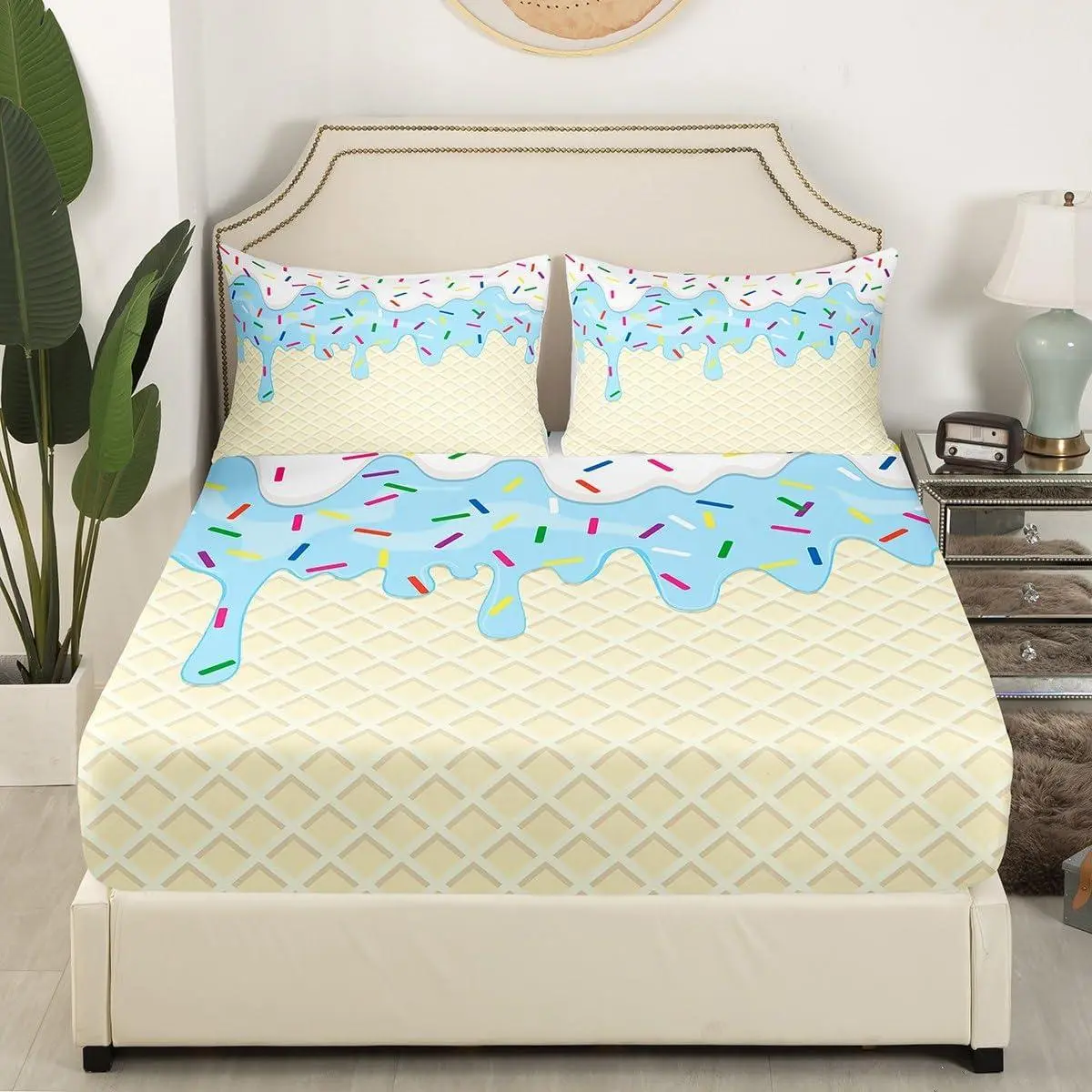 Ice Cream Bedding Set,Blue White Cream Cake Bed Set for Girls Teens Bedroom Decor Kids Colorful Candy Fitted Sheet Soft Microfiber Desserts Bed Cover(1 Fitted Sheet )