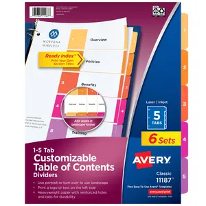 Avery Ready Index 5 Tab Binder Dividers, Customizable Table of Contents, Multicolor Tabs, 6 Sets (11187)