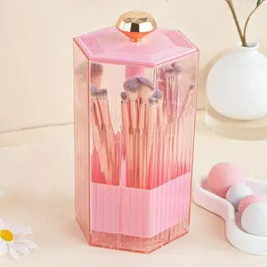 1pc Press The Automatic Pop-Up Makeup Brush Storage Bucket Makeup Brush Holder Organizer With Clear Lid Sliding Opening Dustproof Brushes Container For Vanity
