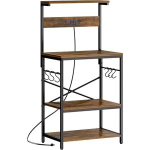 Kitchen Bakers Rack with Power Outlet, Coffee Bar Table 4 Tiers, Kitchen Microwave Stand with 6 S-Shaped Hooks, Storage Shelf Rack for Spices, Pots and Pans - Rustic Brown