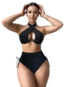 2026 Bathing Suits Vro Halter Cross Bikini Set Black Crisscross Halter Design Ruched High-Waisted Tummy-Control Bottom Soft High-Stretch Fabric Ideal for Pool Parties & Beach Reels