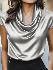 Spring Summer New Fashion Elegant Women's Blouse, Draped Neck Drape Short Sleeve Solid Top, Versatile Shirt for Ladies