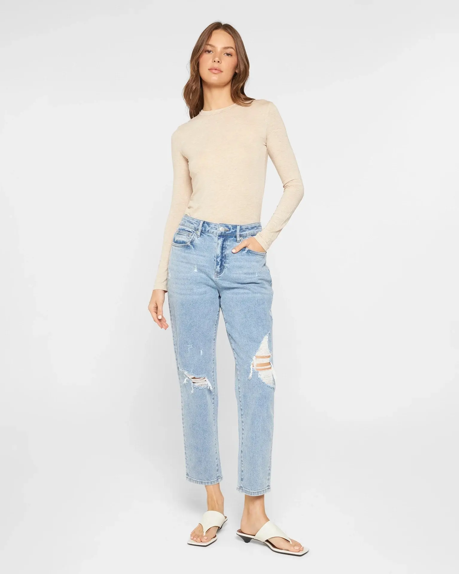 Mom Jean for Women, High Rise Denim Pants with Statement Distressed Knees, Made from Soft Stretch Fabric, Comfy, Bottom, Edge Look, Mom Cut, Bottoms, Clothes, Stretch Denim, Casual