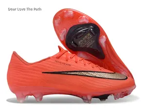 Bright Orange Knit FG Cleats Soccer Shoes Gold Logo Transparent Firm Ground Studs Low Top Professional Football Sneakers Unisex