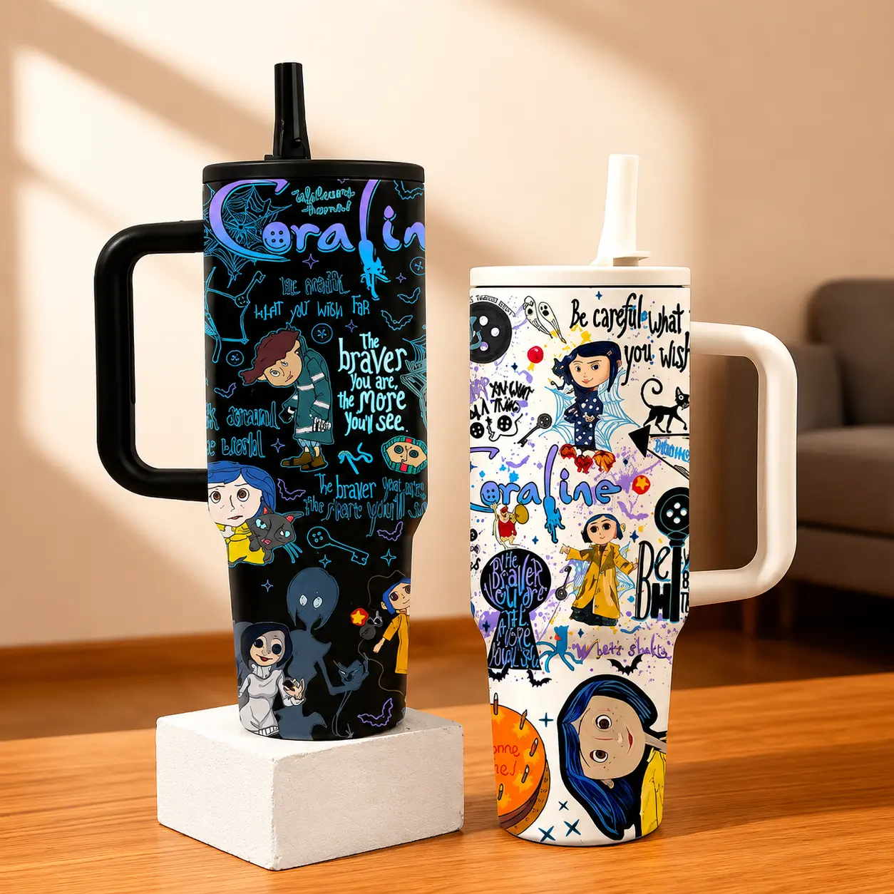 Coraline Cartoon Tumbler With Handle, 40oz Stainless Steel Tumbler With Handle, Leak-Proof and Stylish for Everyday Use