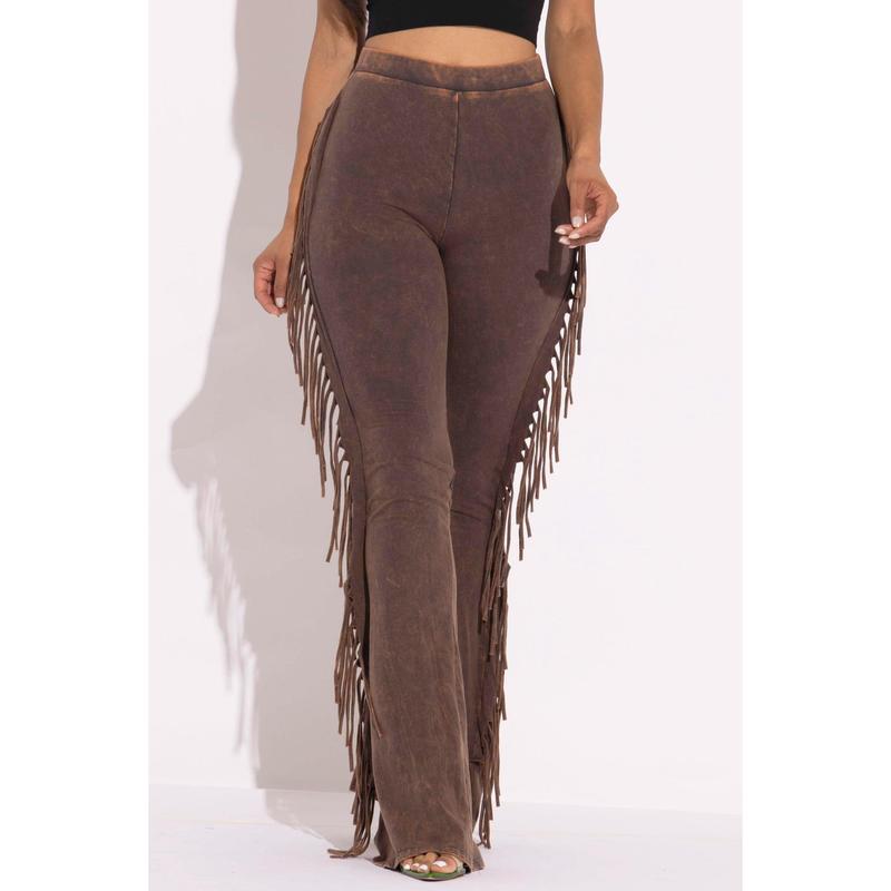 Fringe-Detailed Mineral Washed Pants for Women - Comfortable Cotton and Elastic Design with Flared Side Detail