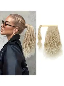 Short Wavy Synthetic Ponytail — Wrap-Around Clip-In Hair Extension with Gold Accent, Designed for Women