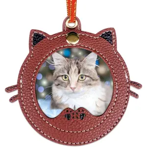 Shape Picture Frames Ornament for Christmas Tree Picture Frames Christmas Ornament Leather Brown Personalized Cats Photo Frame Xmas Hanger Xmas Keepsake for Family  Cats Lover