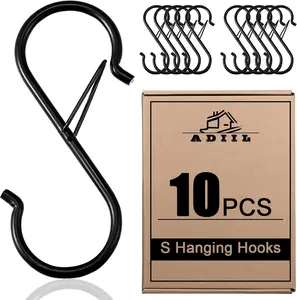 10 Pcs S Hooks for Hanging with Safety Buckle, Heavy Duty Metal S Shaped Closet Hooks for Hanging Plants, Kitchen Utensils, Jeans, Bags, Pots, 3.75 Inch, Black