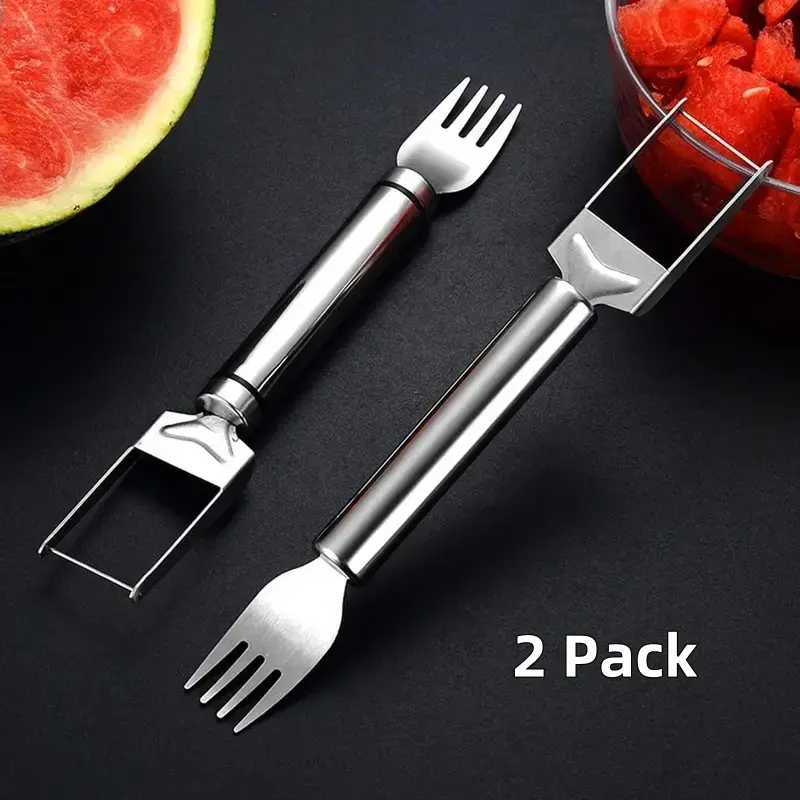 【2 Pack】2-in-1 Watermelon Slicer & Fork Set, Stainless Steel Dual-Head Fruit Cube Cutter Tool with Comfort Round Handle, Perfect Kitchen Gadget for Summer Parties, Camping, BBQ, Picnic & Outdoor Travel #summervibes