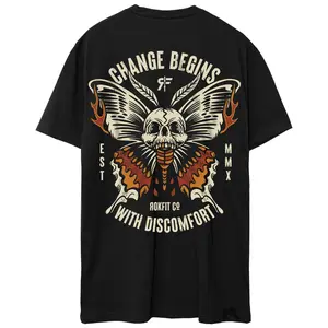 RokFit 'The Mariposa' Poly/Cotton blend T-Shirt with Graphic Print Featuring with Text "CHANGE BEGINS WITH DISCOMFORT"