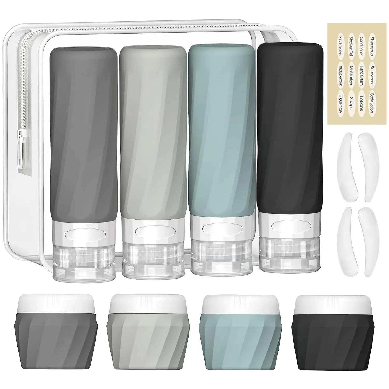 14-Pack Leak-Proof Refillable Travel Toiletries Containers Set - TSA Approved Squeezable Bottles, Coconut Cream Round Canister Jars, Accessories Kit w/Transparent Bag (Gray)