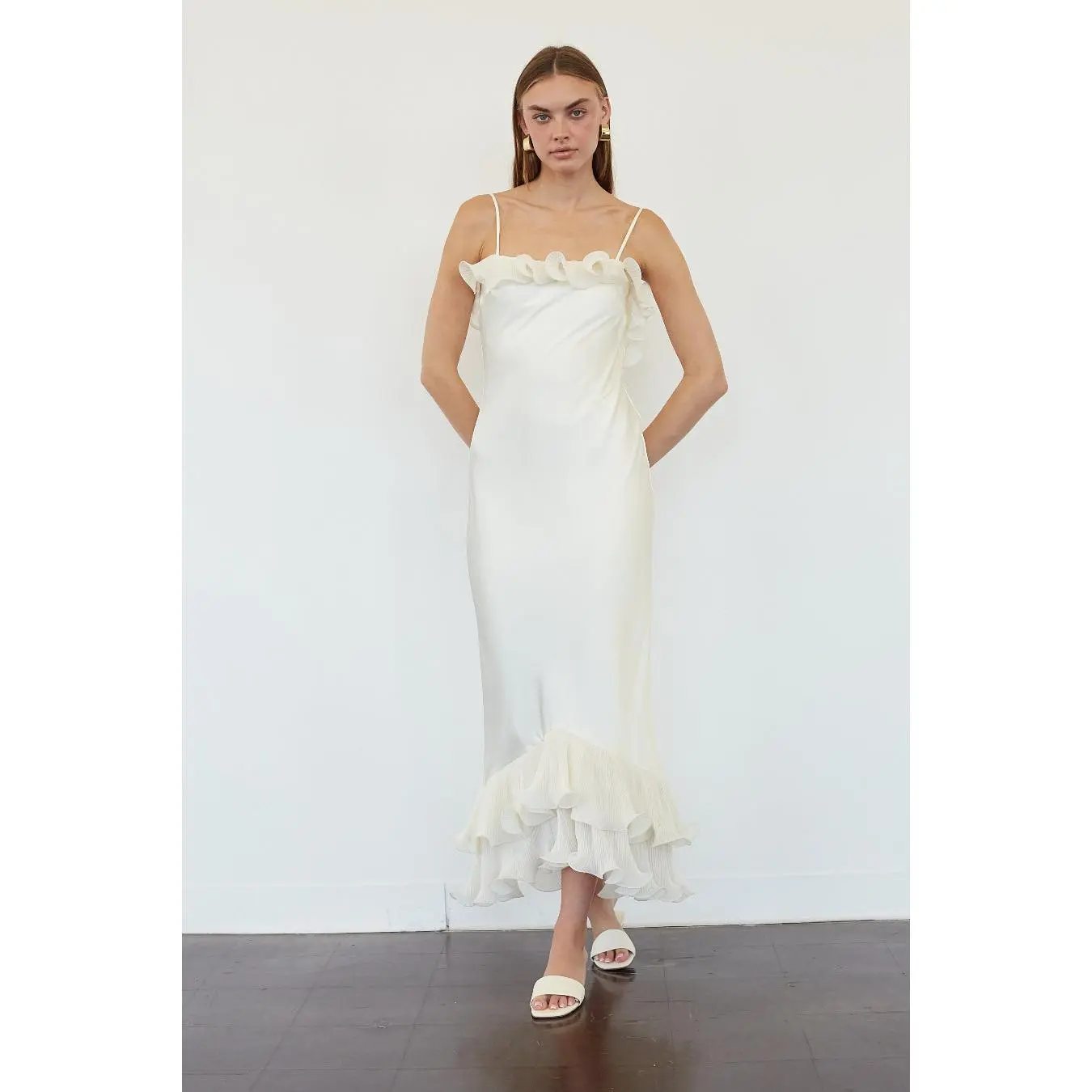STEVE MADDEN Spaghetti Strap Midi Dress for Women - Polyester Fit-and-Flare, Ruffle Trim Neck & Hem, Adjustable Straps, Open Low Back with Support Strap, Invisible Back Zip, Fully Lined, Sleeveless Summer Party Dress