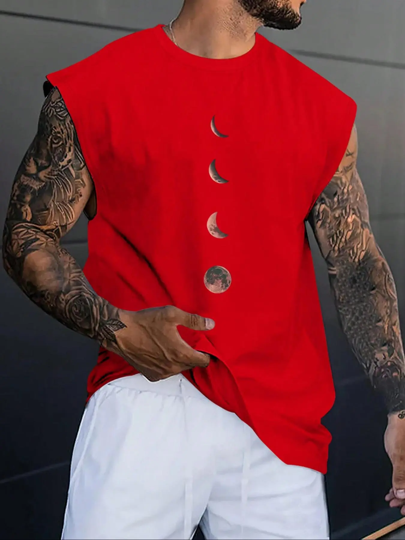 Men's Moon Print Wide Shoulder Vest, Regular Fit Casual Sleeveless Graphic Tank Top for Summer, Men's Top for Daily Wear, Menswear, Casual Streetwear Top, Casual Street Style Men's Moon Print Wide Shoulder Vest, Regular Fit Casual Sleeveless Graphic Tank Top for Summer, Men's Top for Daily Wear, Menswear, Casual Streetwear Top, Casual Street Style