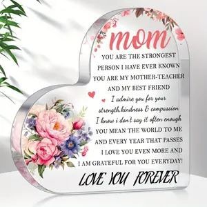 Heart-Shaped Acrylic Mother'S Plaque with "Mom" Lettering & Floral Design - Elegant Cursive Lettering, Pastel Pink & Clear Heart Decorations, Sentimental Keepsake Gift for Mother'S Day, Birthday