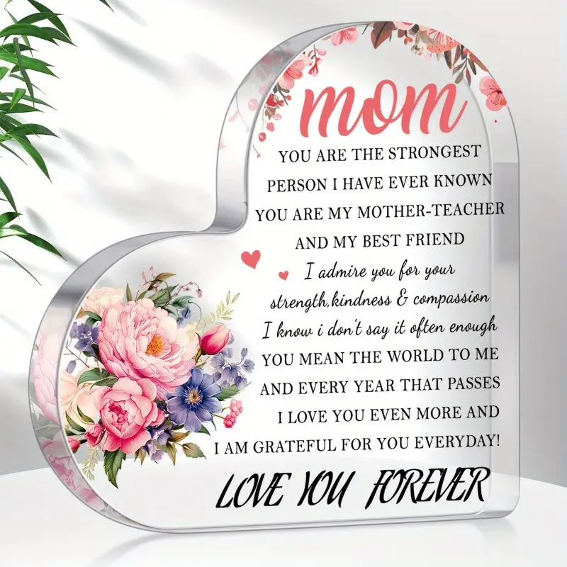 Heart-Shaped Acrylic Mother'S Plaque with "Mom" Lettering & Floral Design - Elegant Cursive Lettering, Pastel Pink & Clear Heart Decorations, Sentimental Keepsake Gift for Mother'S Day, Birthday