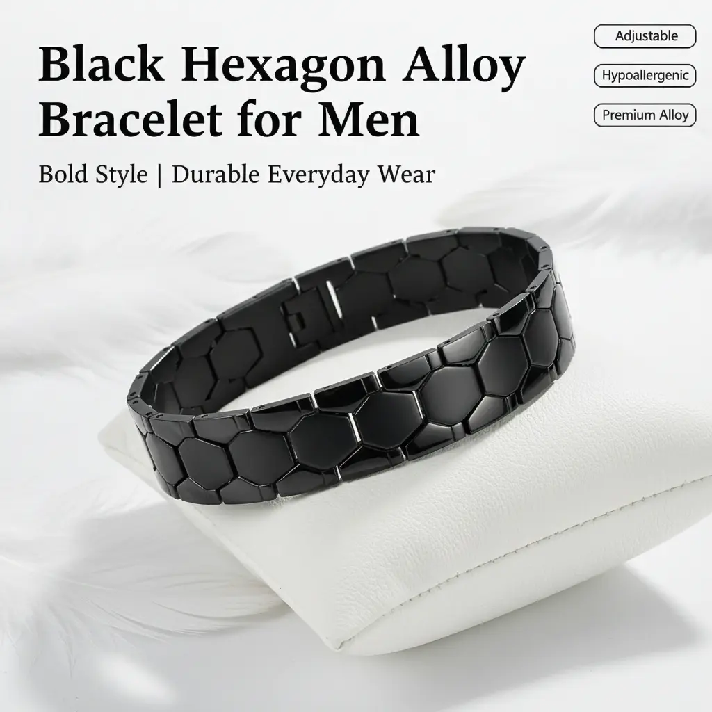 Sleek Black Metal Wristband with Edgy Geometric Links. Tarnish Resistant and Comfortable for All-Day Wear. Ideal for Casual and Formal Outfits.