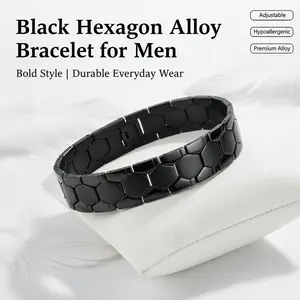 Sleek Black Metal Wristband with Edgy Geometric Links. Tarnish Resistant and Comfortable for All-Day Wear. Ideal for Casual and Formal Outfits.