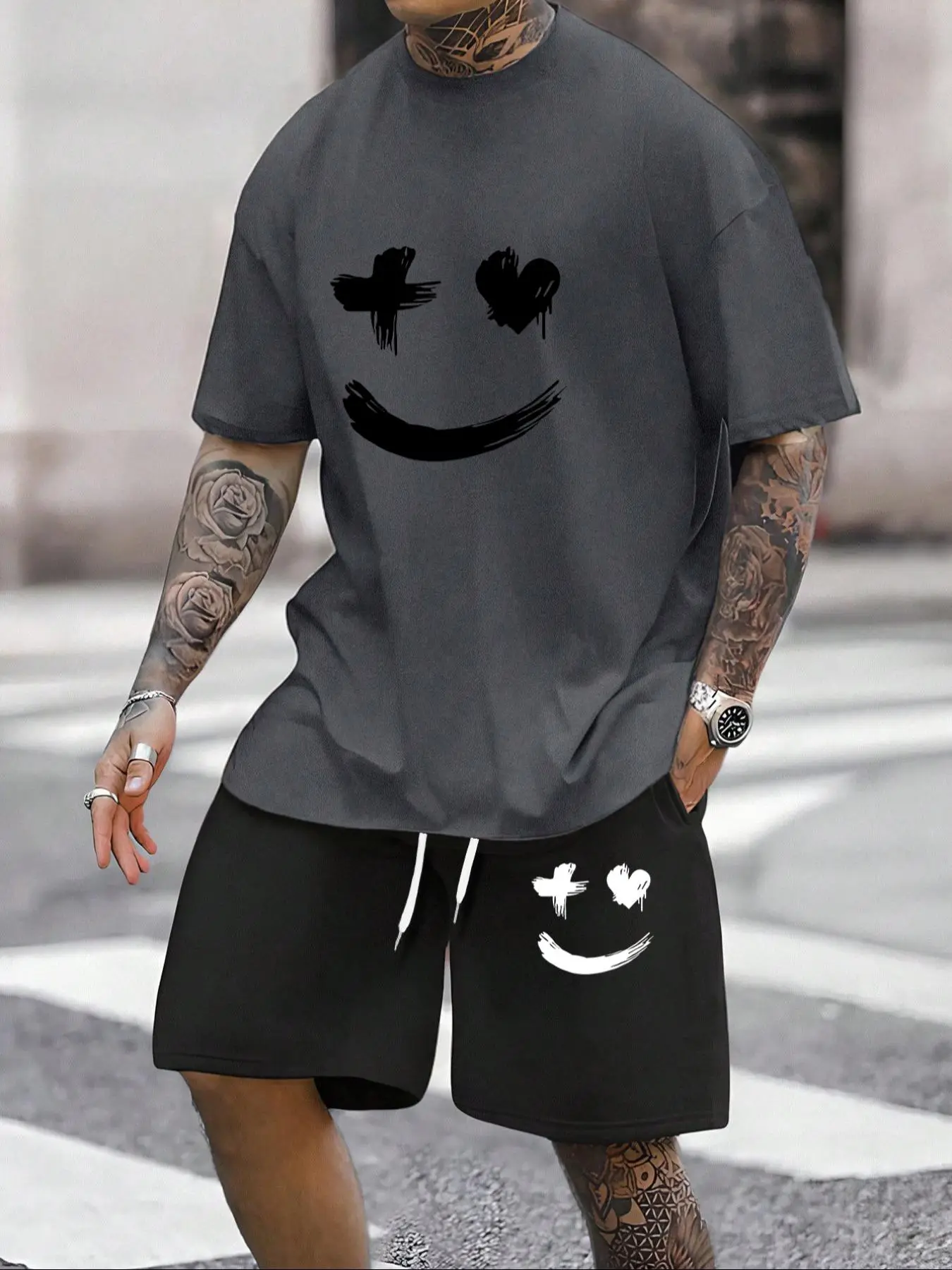 Two-Piece Set Men's Summer Thin Loose Cartoon Print Tee & Drawstring Shorts Set, Lounge Set, Casual Summer Clothes 2 Piece Outfits, Short Sleeve Round