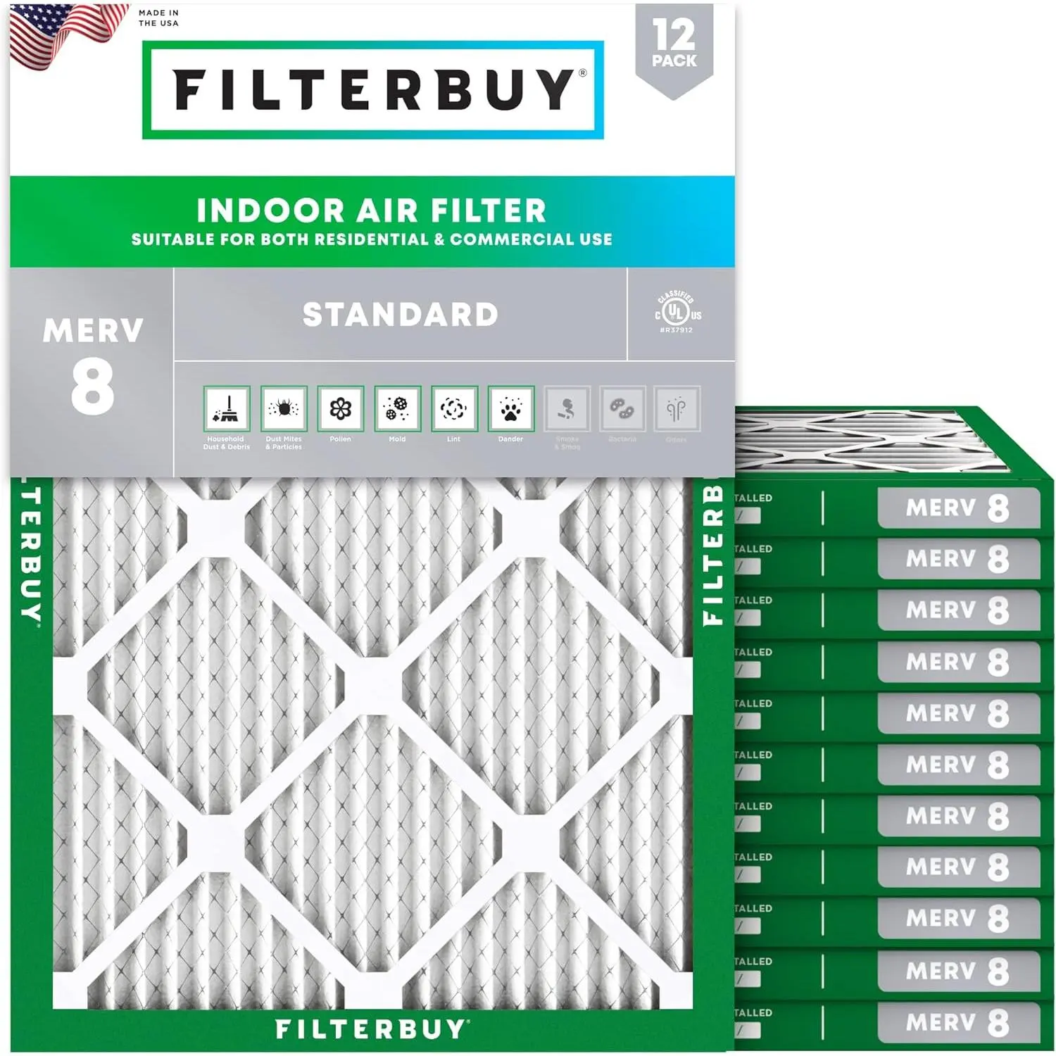 Filterbuy Household Electrostatic Pleated Air Filter (12-Pack, 13x18x1 In, Actual Size 13.00x18.00x1.00in) - MERV 8 Synthetic Media, Eco-Friendly Dust Capture for HVAC AC Furnace