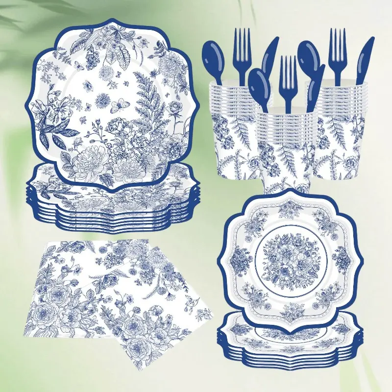 Vintage Blue and White Disposable Tableware Set  Luxury Floral Dinner Plates Cups Cutlery for Wedding & Picnic Party Tableware Supplies Floral Plastic Plates