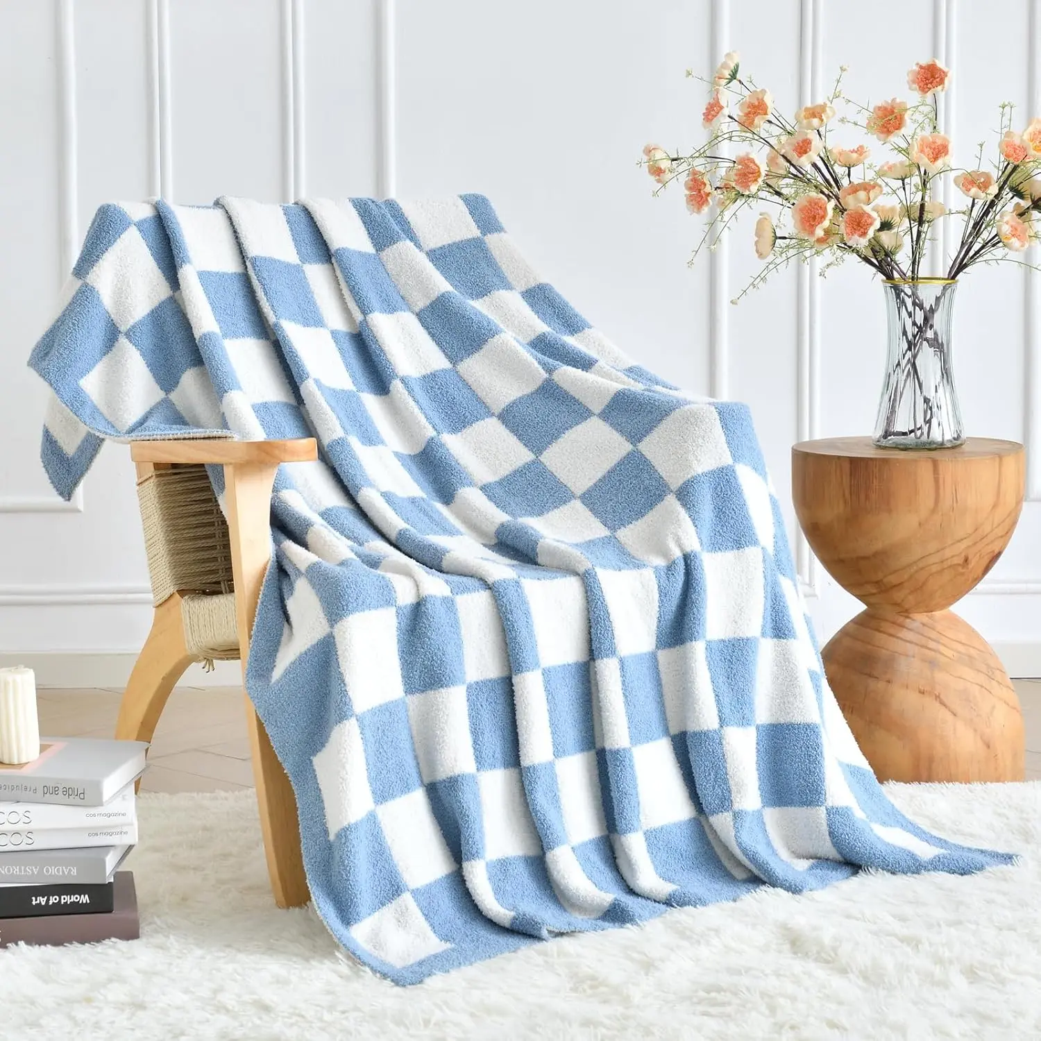 Checkered Throw Blanket for Couch, Checkerboard Blankets for Sofa Bed, Cozy Checkered Decorative Travel Blanket for Living Room Camping, Blue, 50"x60"