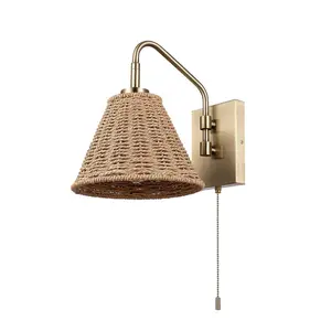 Globe Electric 1-Light Matte Brass Wall Sconce with Rattan Shade and On/Off Pull Chain Switch by Novogratz x Globe: ETL Listed, Iron Body, Cone Shape