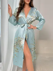 Women's Lightweight Printed Long Robe, Elegant Kimono Style Homeewear & Sleepwear, Comfortable Soft Fabric, All Seasons, Bathrobe
