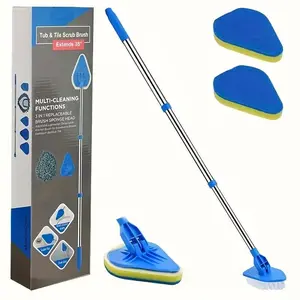 2-In-1 Extendable Shower Brush Set, Bathroom, Versatile Long Handle Cleaning Bath & Tile Floor Cleaner, Includes 3 Sponge Heads & 1 Hard Bristle Head