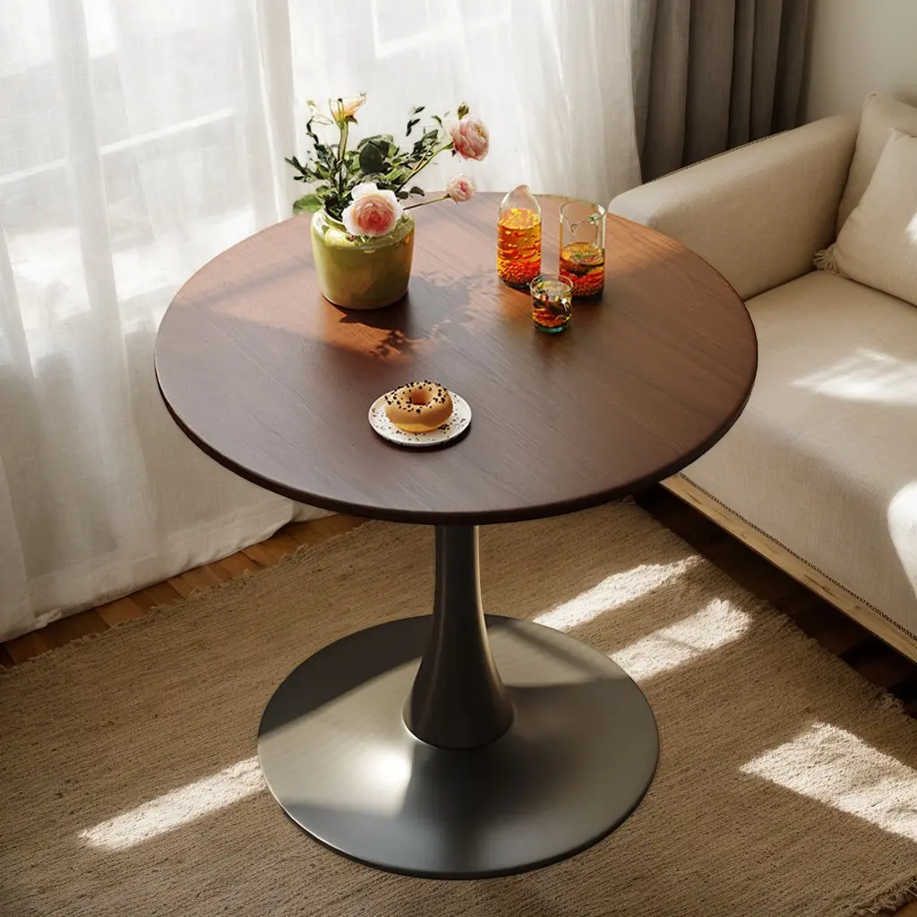 Mid-Century Modern Walnut Round Dining Table with MDF Top & Steel Base, 24 Inch Tulip Kitchen & Living Room Coffee Table, Elegant Oval Design room living room