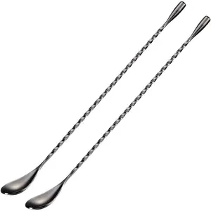 Bar Spoon Cocktl Mixing Stirrers for Drink, Stnless Steel 12 Inches Long Handle, Black 2 Pieces