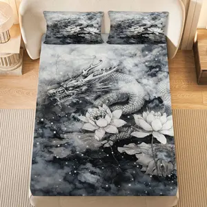 3Pcs Dragon Lotus Ink Fitted Sheet Three Piece Set (1*Fitted Sheet+2*Pillowcases, Coreless), Chinese New Year theme, Elegant Oriental Bedding Set, Mattress Protector Soft, Breathable